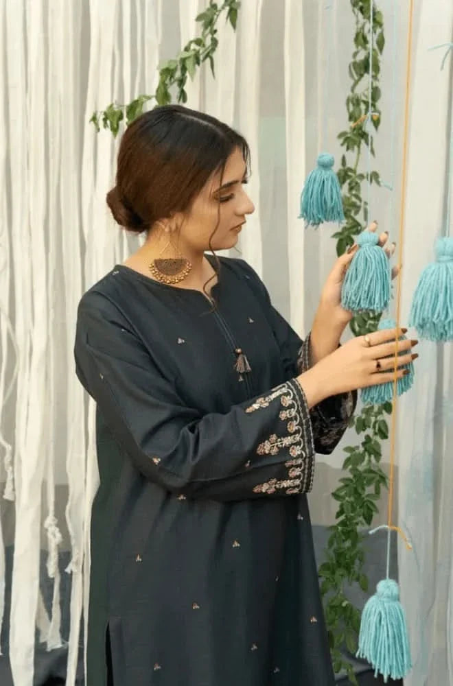 3PC EMBROIDERED DHANAK SUIT - BG637