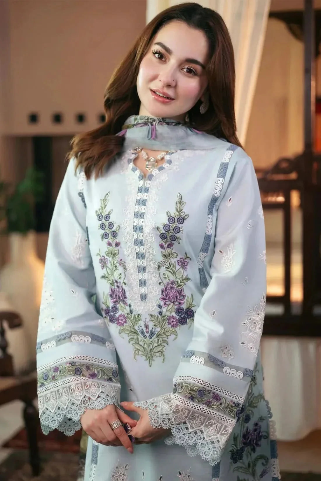 3PC EMBROIDERED DHANAK SUIT  - BG627