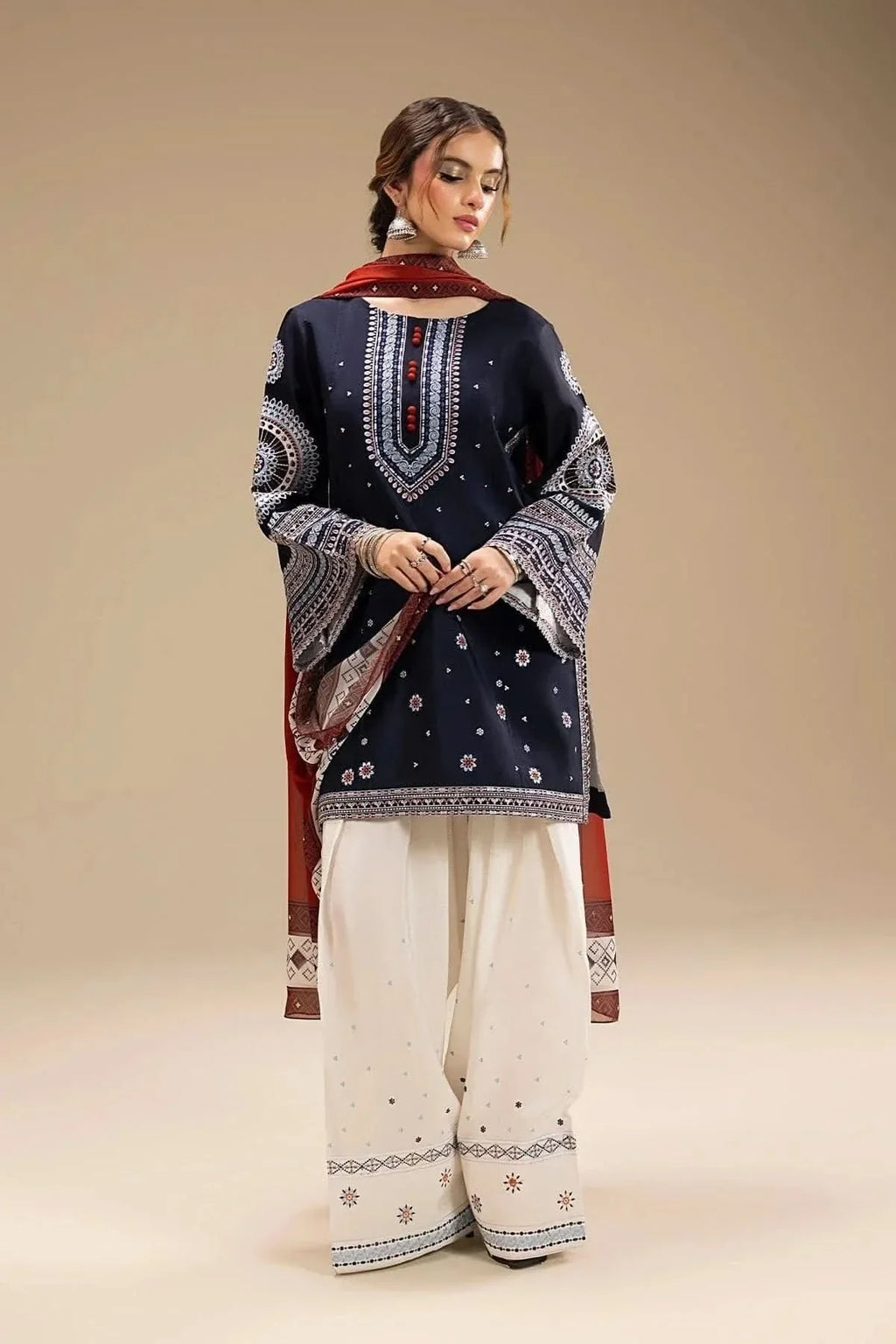 3PC EMBROIDERED DHANAK SUIT - BG636