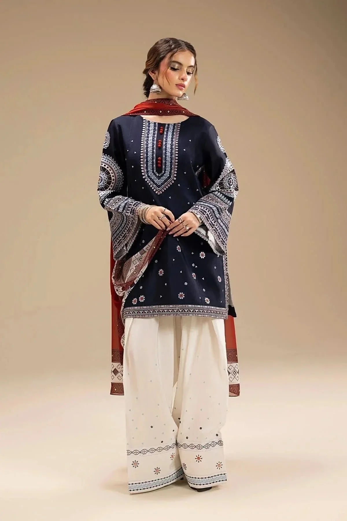 3PC EMBROIDERED DHANAK SUIT - BG636
