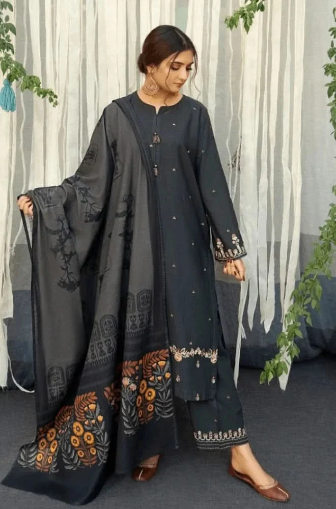 3PC EMBROIDERED DHANAK SUIT - BG637
