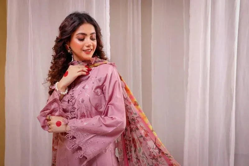 3PC EMBROIDERED DHANAK SUIT - BG638
