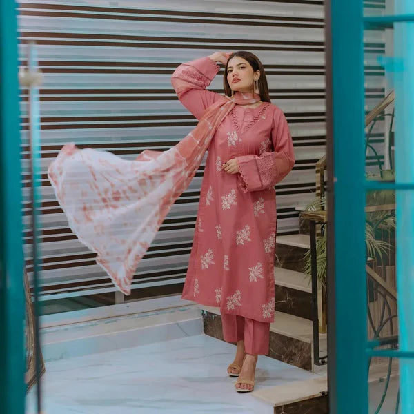 3 PC EMBROIDERED DHANAK SUIT - BG832