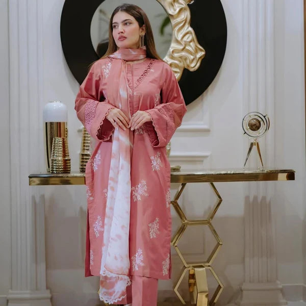3 PC EMBROIDERED DHANAK SUIT - BG832