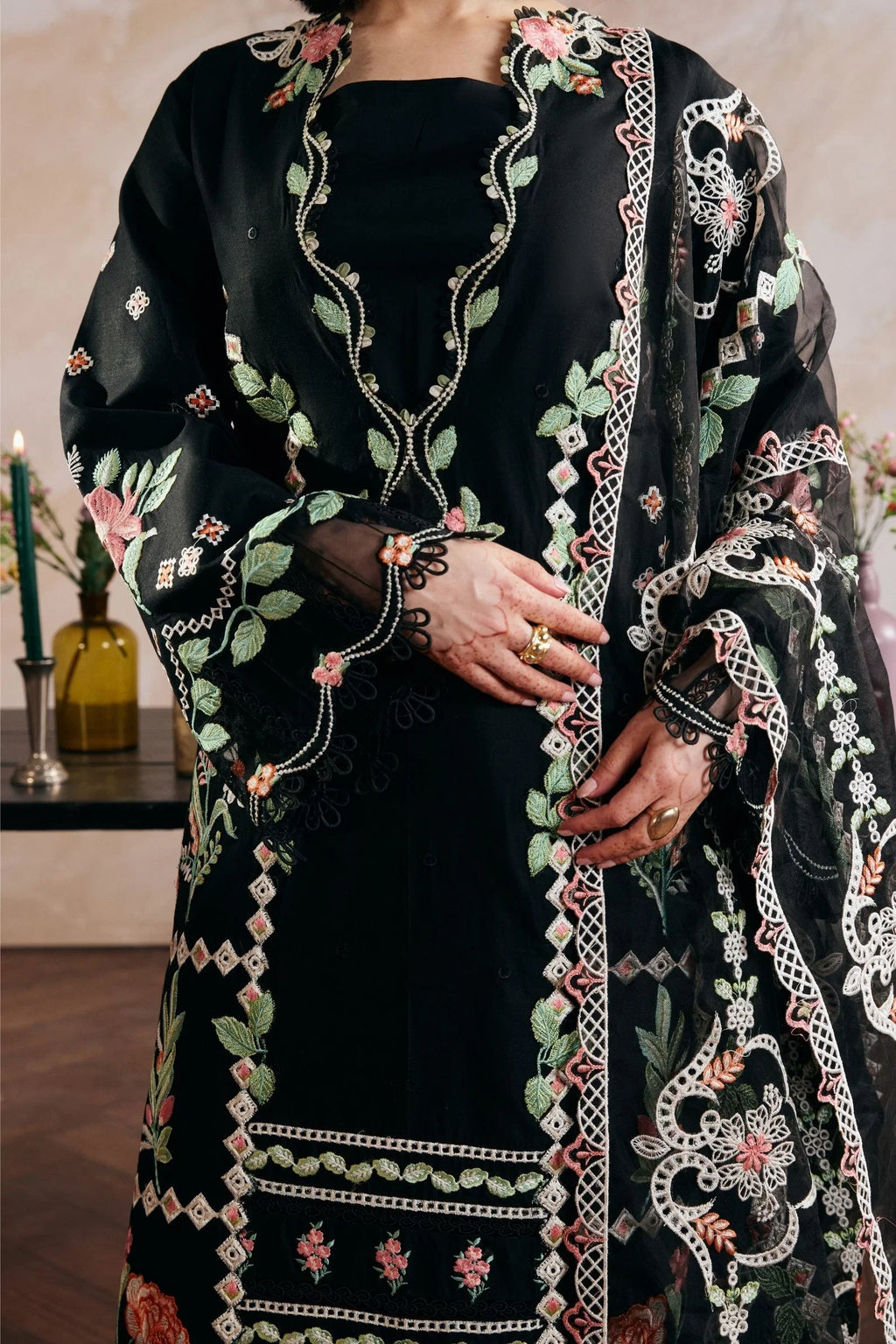 3PC EMBROIDERED DHANAK SUIT -  BG906