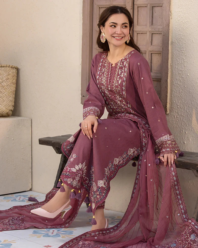 3 PC EMBROIDERED DHANAK SUIT - BG819