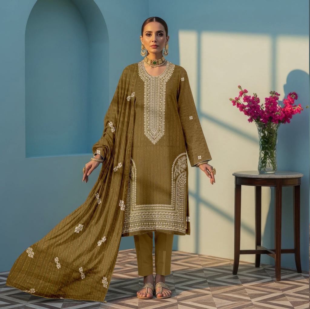 3 PC EMBROIDERED CHAMKI DHANAK SUIT - BG1003