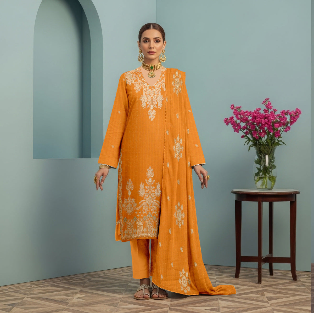 3 PC EMBROIDERED CHAMKI DHANAK SUIT - BG1001
