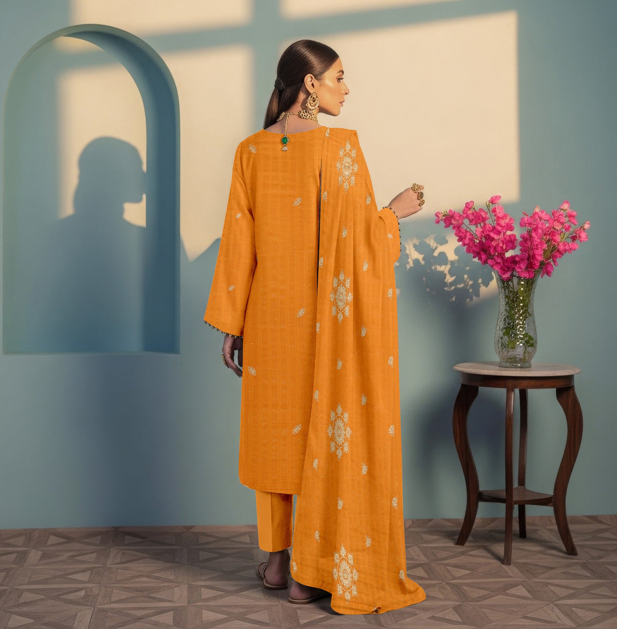 3 PC EMBROIDERED CHAMKI DHANAK SUIT - BG1001