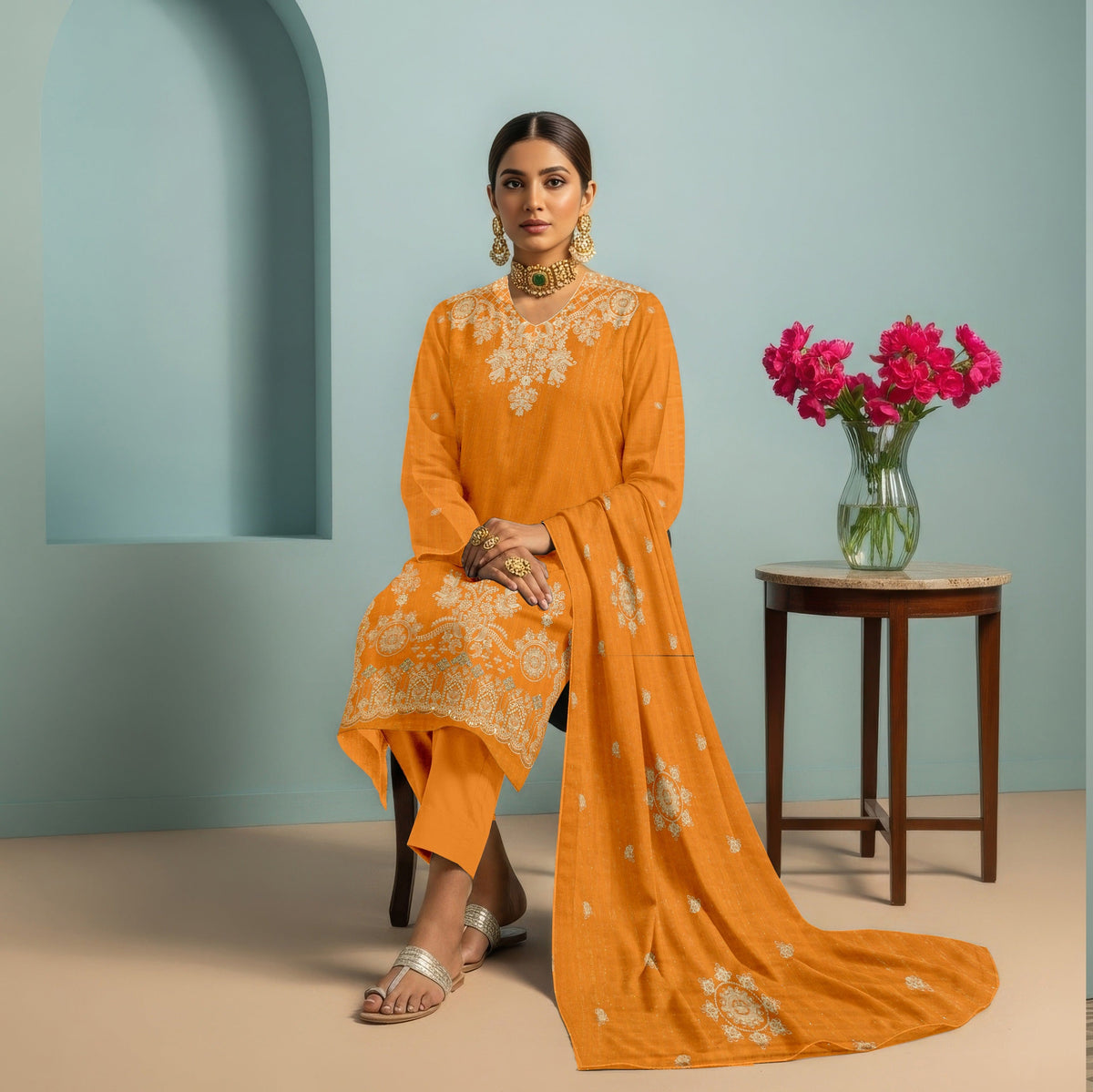 3 PC EMBROIDERED CHAMKI DHANAK SUIT - BG1001