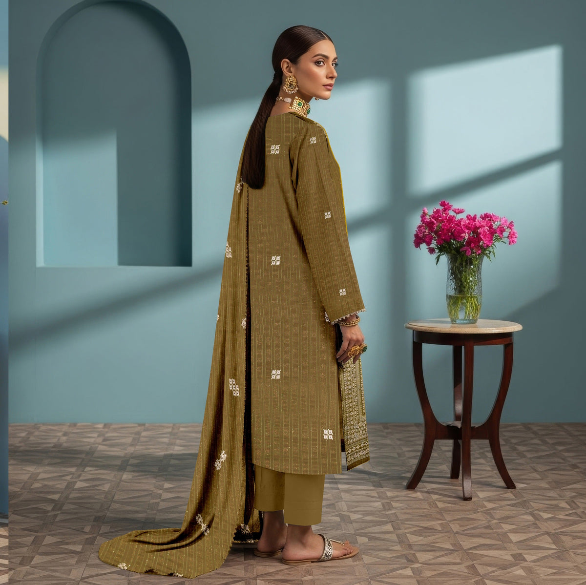 3 PC EMBROIDERED CHAMKI DHANAK SUIT - BG1003