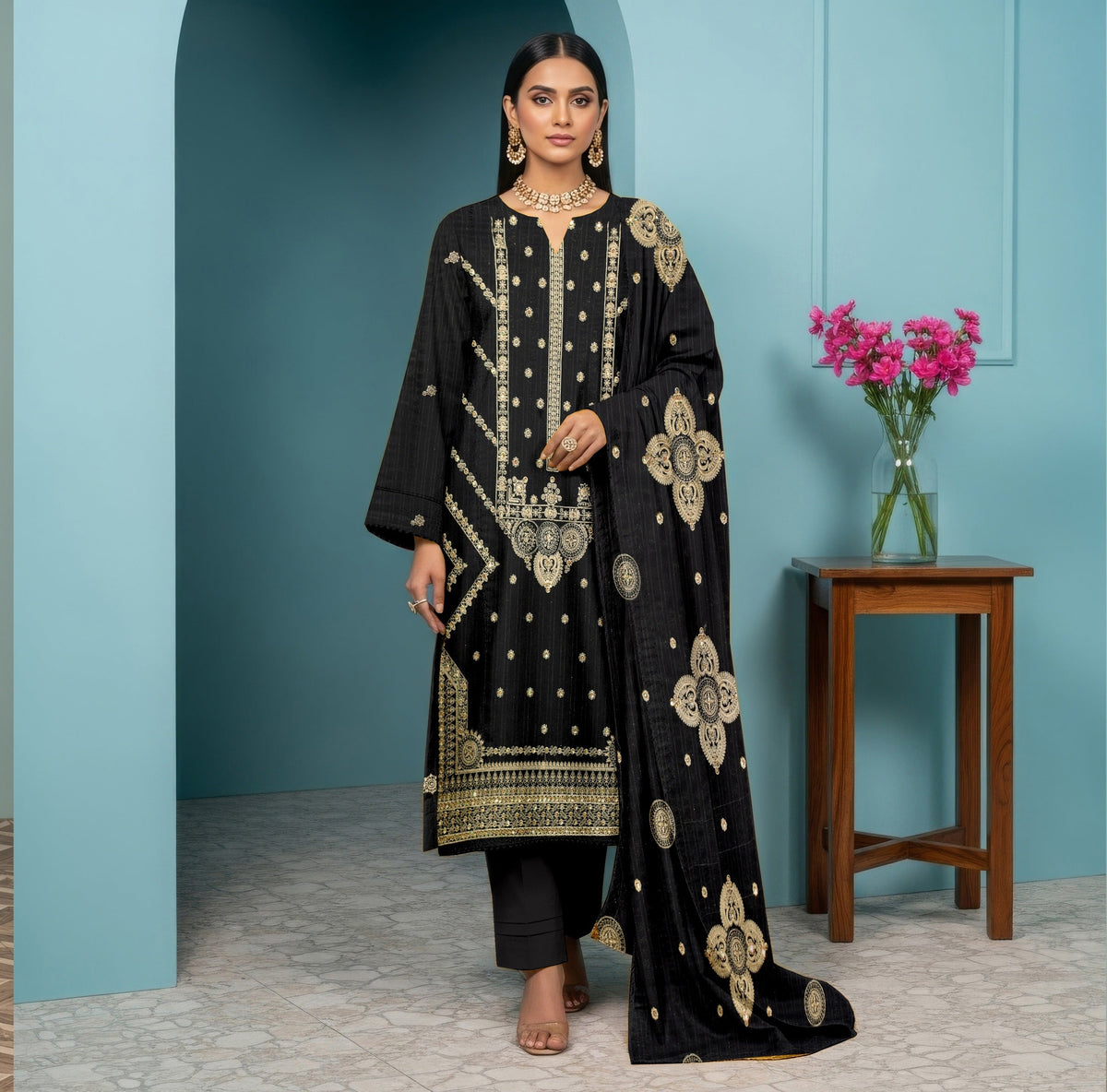 3 PC EMBROIDERED CHAMKI DHANAK SUIT - BG1004