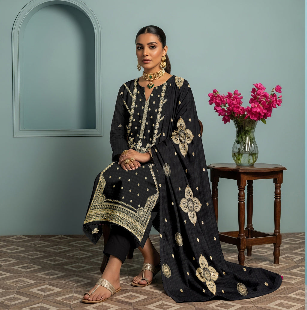 3 PC EMBROIDERED CHAMKI DHANAK SUIT - BG1004
