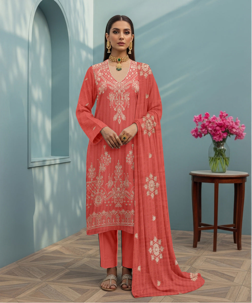 3 PC EMBROIDERED CHAMKI DHANAK SUIT - BG1005