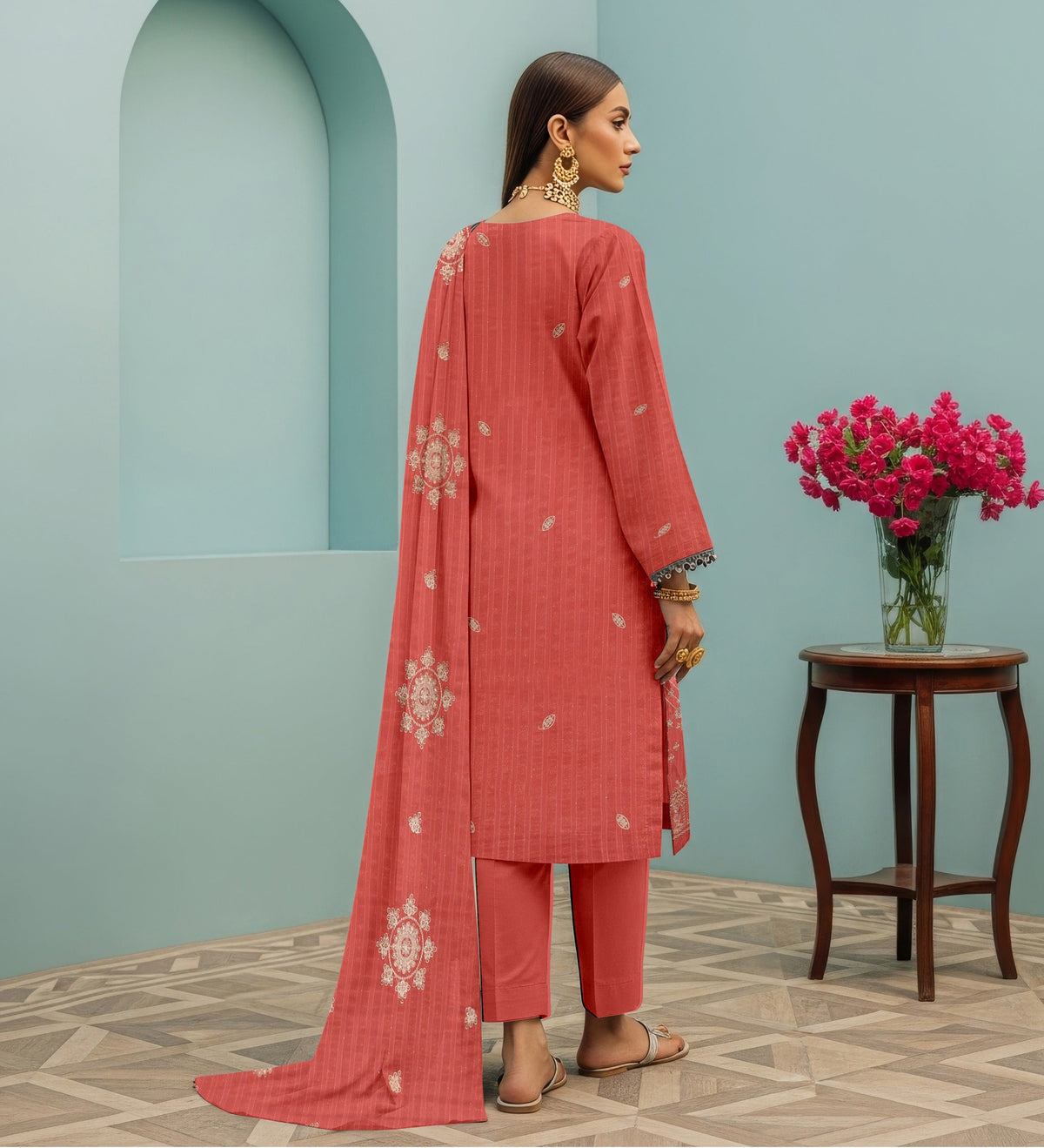 3 PC EMBROIDERED CHAMKI DHANAK SUIT - BG1005