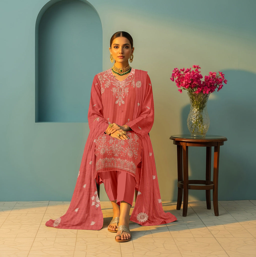 3 PC EMBROIDERED CHAMKI DHANAK SUIT - BG1005