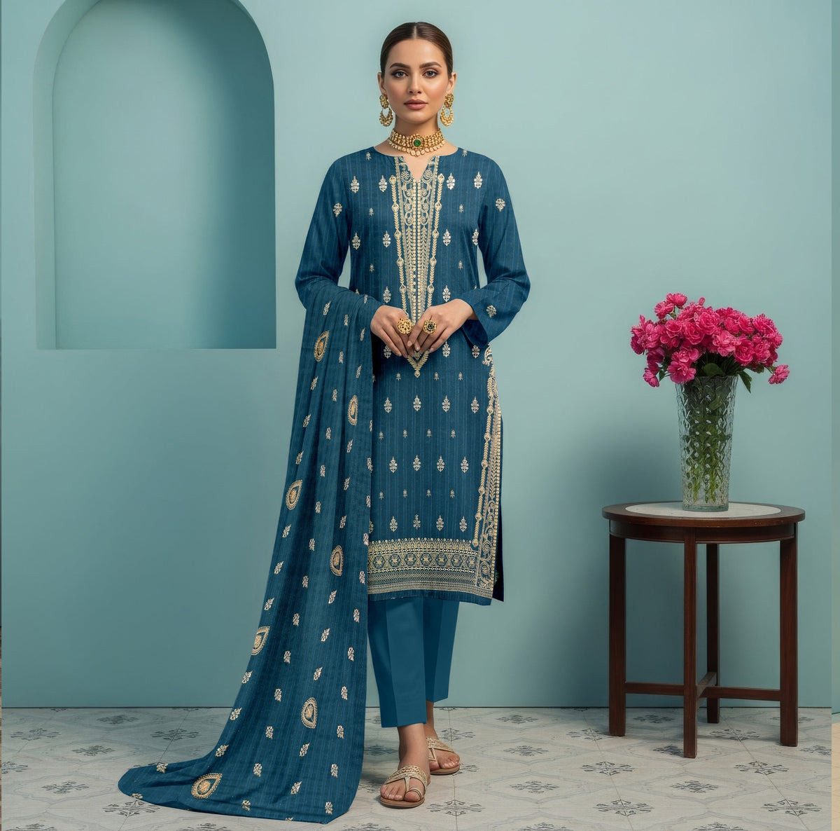 3 PC EMBROIDERED CHAMKI DHANAK SUIT - BG1002