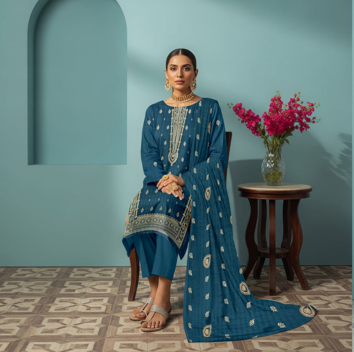 3 PC EMBROIDERED CHAMKI DHANAK SUIT - BG1002