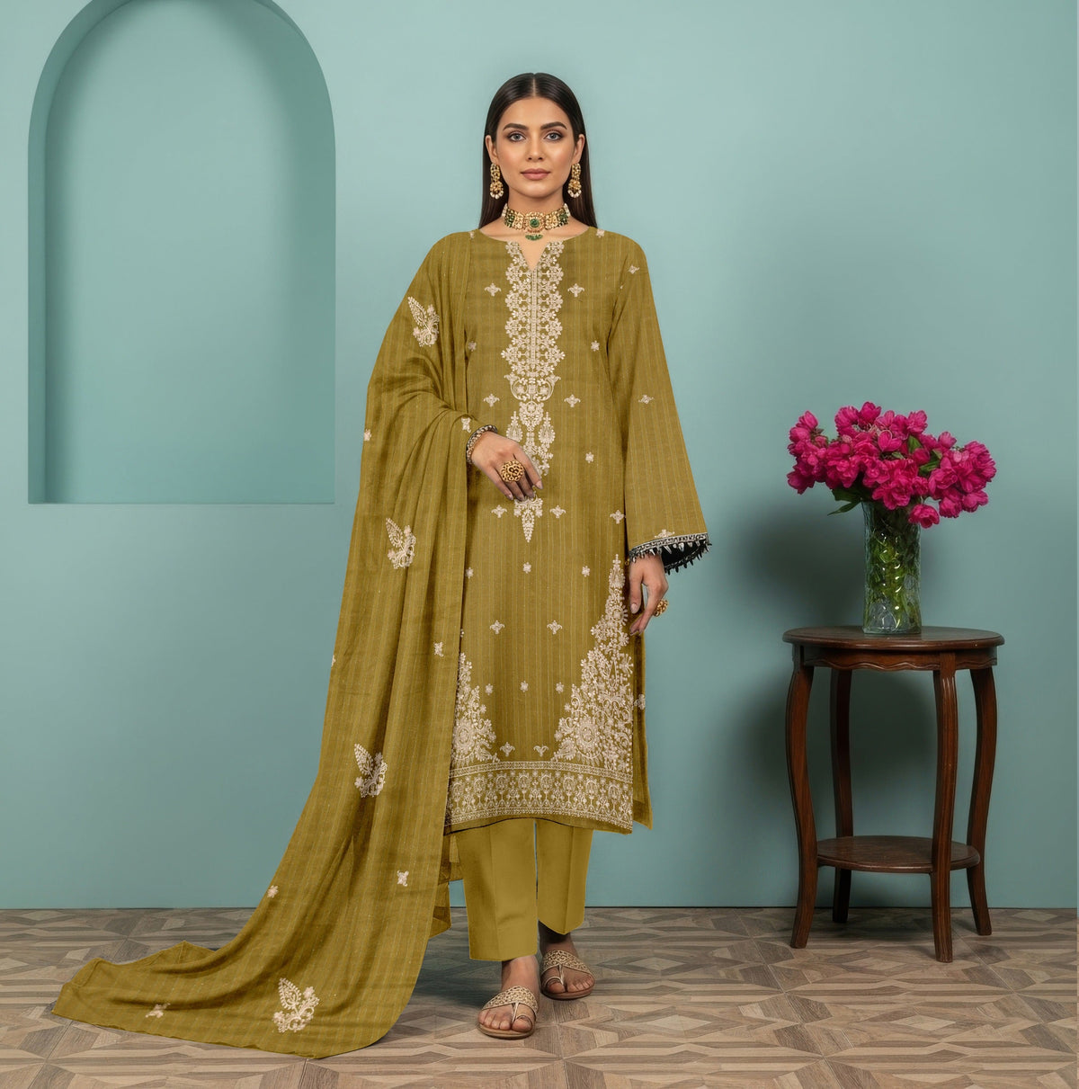 3 PC EMBROIDERED CHAMKI DHANAK SUIT - BG1006