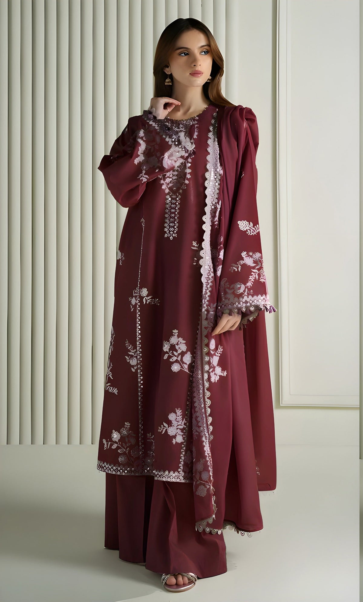 3PC EMBROIDERED DHANAK SUIT - BG910