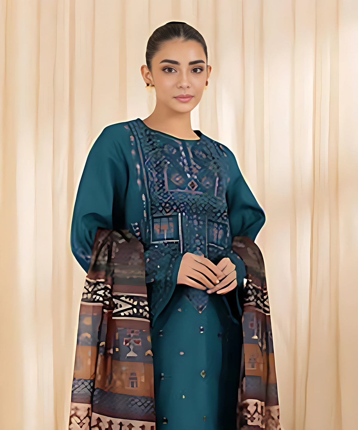 3 PC EMBROIDERED DHANAK SUIT - BG609