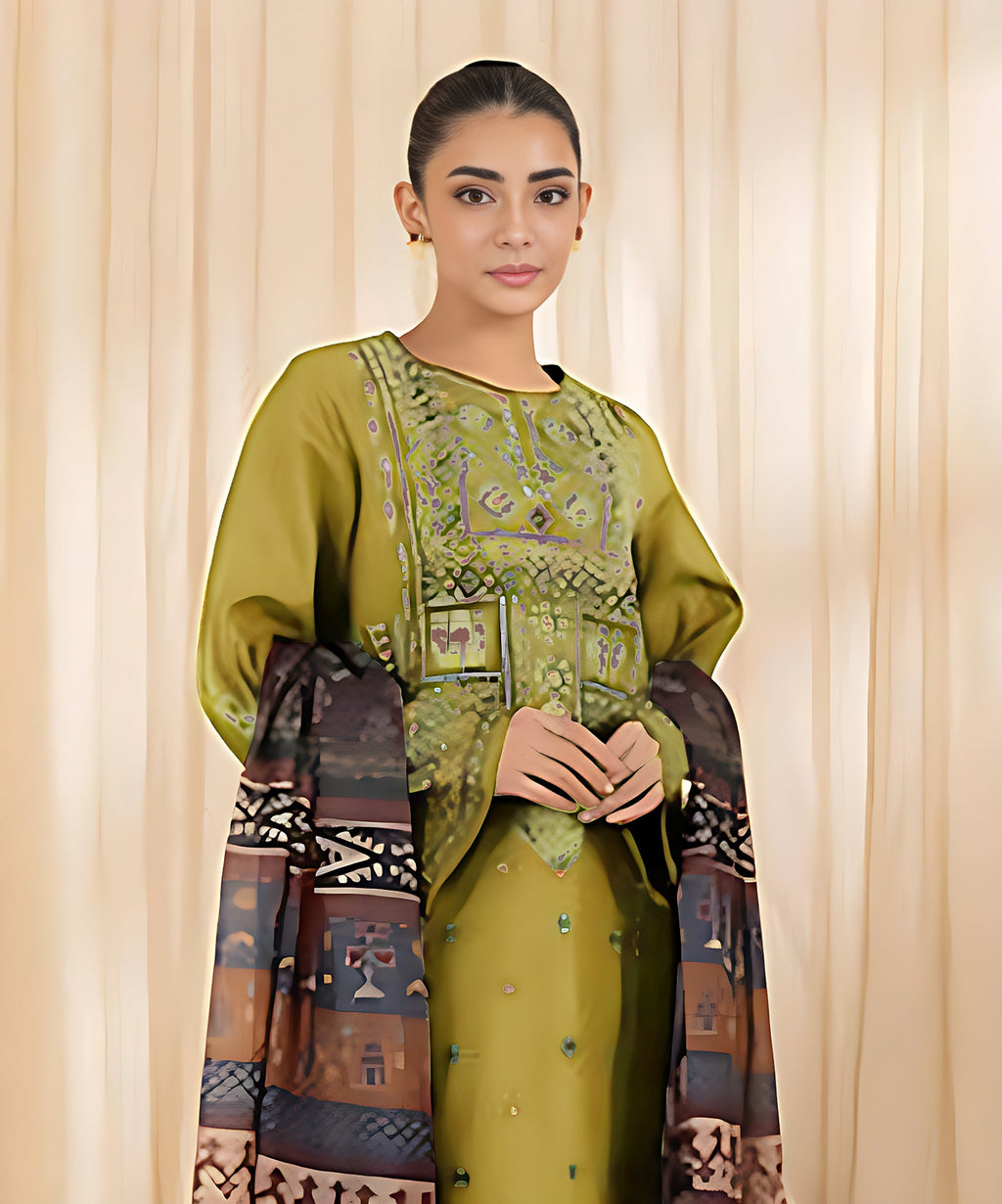 3 PC EMBROIDERED DHANAK SUIT - BG609