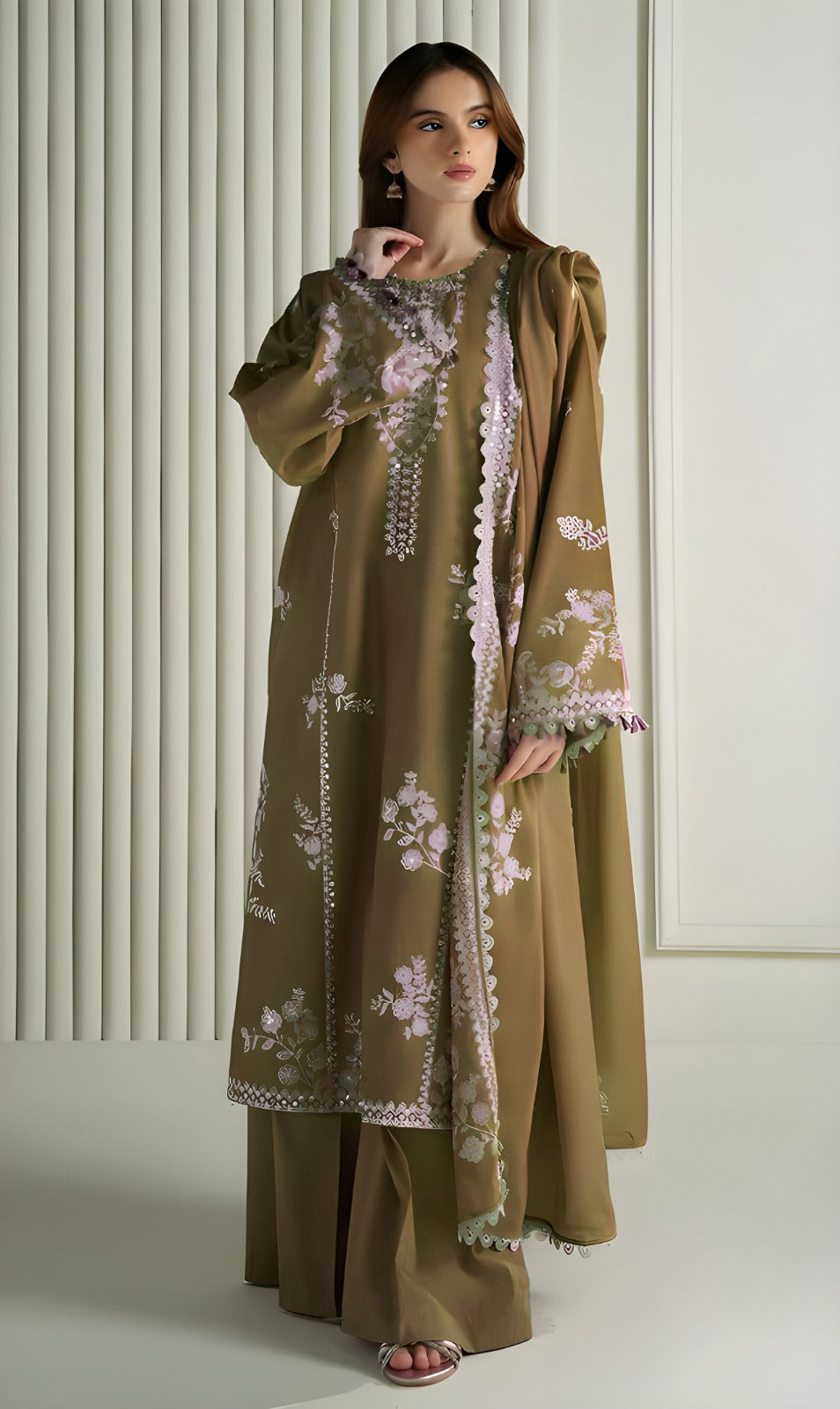 3PC EMBROIDERED DHANAK SUIT - BG910