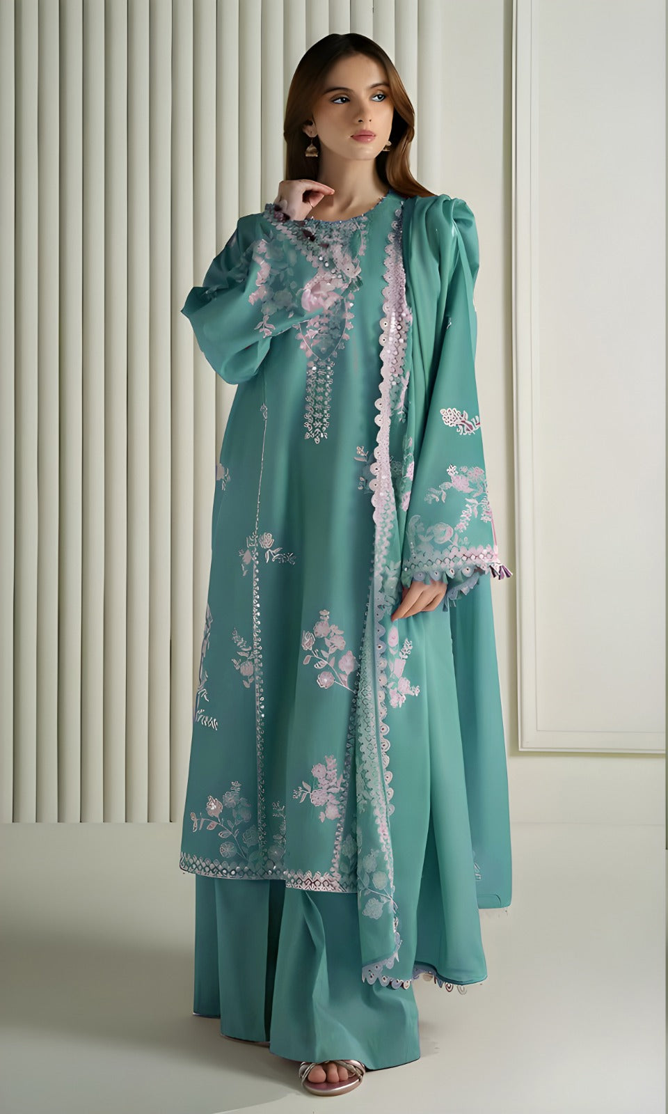 3PC EMBROIDERED DHANAK SUIT - BG910