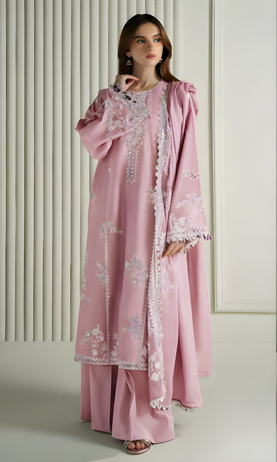 3PC EMBROIDERED DHANAK SUIT - BG910